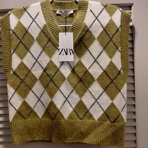 Zara Olive Argyle Women's Sweater Vest